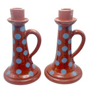 Antique Vtg Candlestick Holders French Pottery Savoie Redware Jaspe Polka-dot 7"